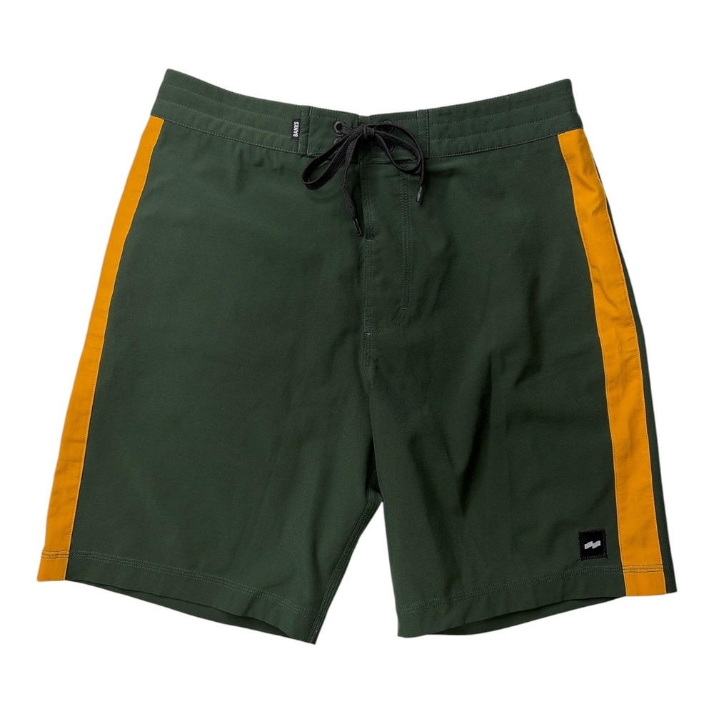 Banks Journal Mens Forest Green Yellow Stripe Board Shorts Swim Trunks Size 28